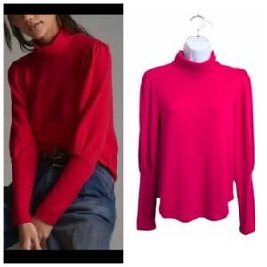 Anthropologie Hot Pink Turtleneck Puff Long Sleeve Sweater Top Soft Comfy XS